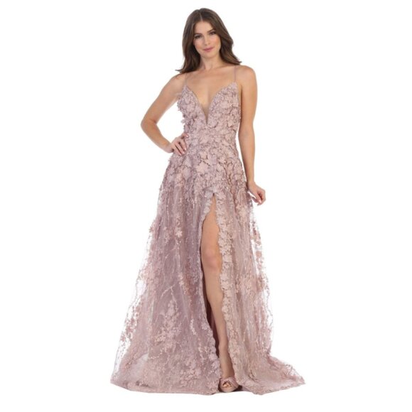 Mauve Evening Long V-Neck Sleeveless A-Line Dress By Royal Queen RQ7738